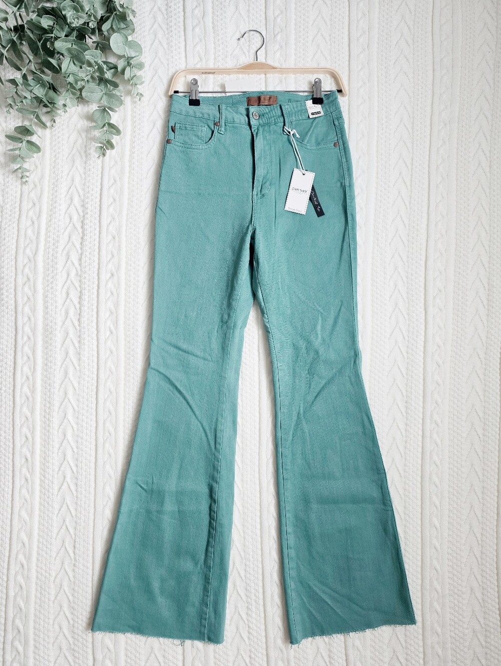 Judy Blue High Rise Garment Dyed Flare Jeans Teal Green Raw Hem Stretch 5/27 NEW - Picture 2 of 12